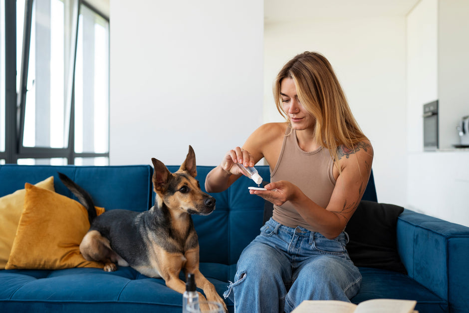 Owner applying pet safe liquid bandage on dog paw.