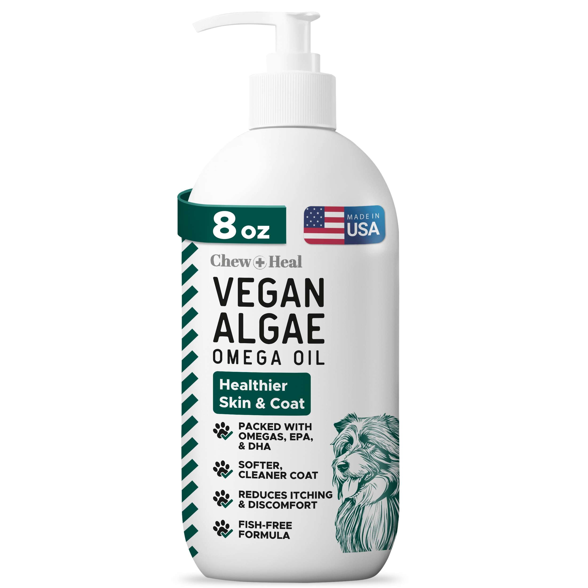 Chew + Heal Vegan Omega 3 Oil for Dogs 8 oz of Algae Oil for Healthy Skin and Coat