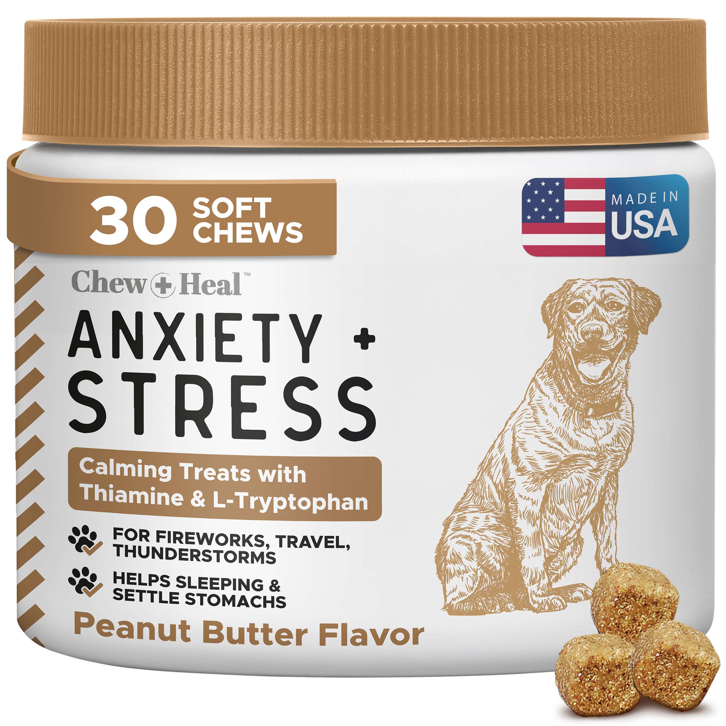 Calming Chews for Dogs - Peanut Butter Flavor - 30 Anxiety Relief Treats