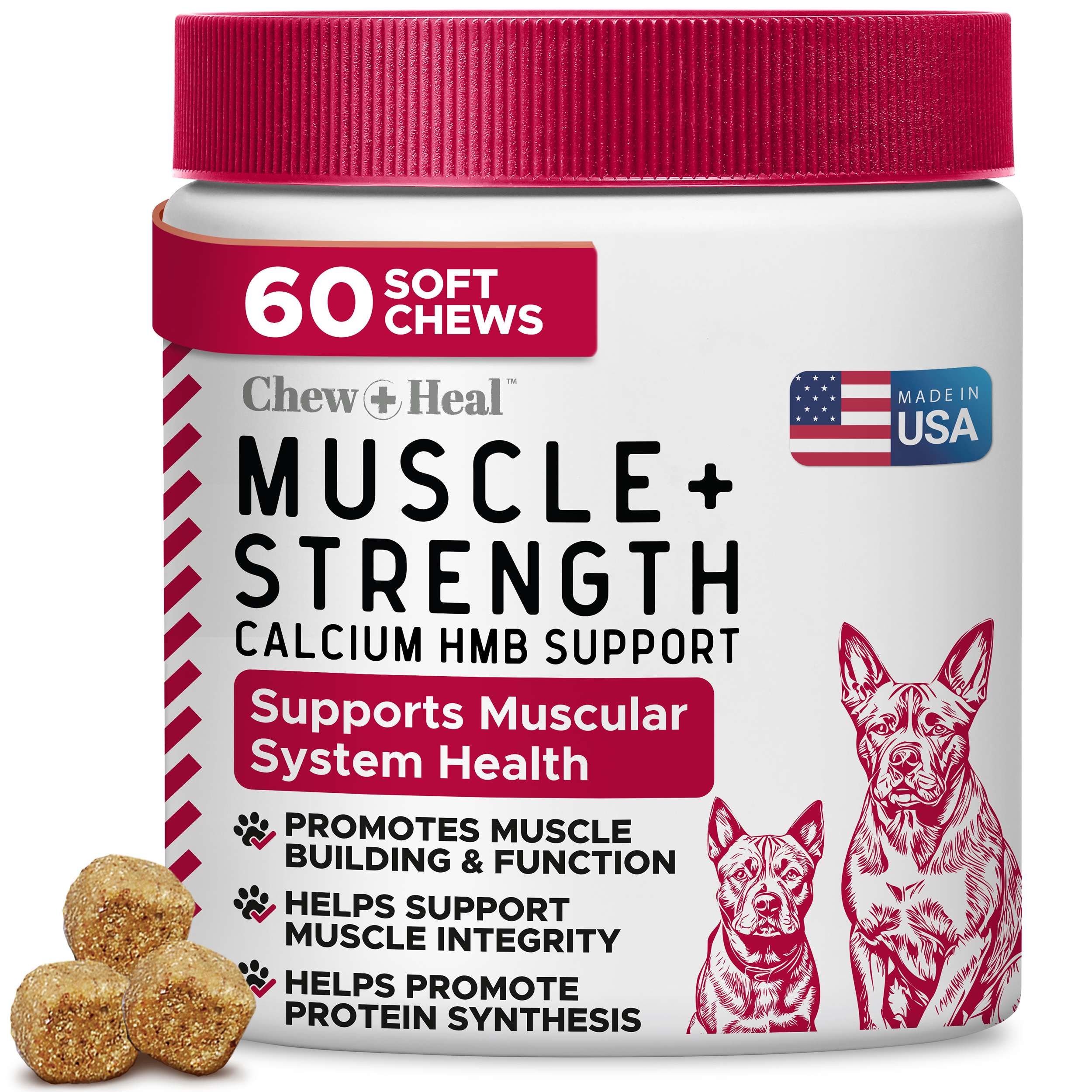 Muscle and Strength Supplement for Dogs - 60 Chews with Vitamin D3 and CaHMB