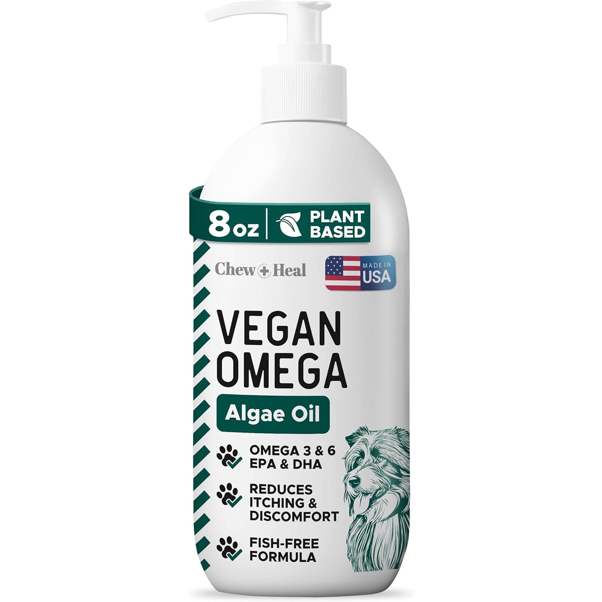 Chew + Heal Vegan Omega 3 Oil for Dogs 8 oz of Algae Oil for Healthy Skin and Coat
