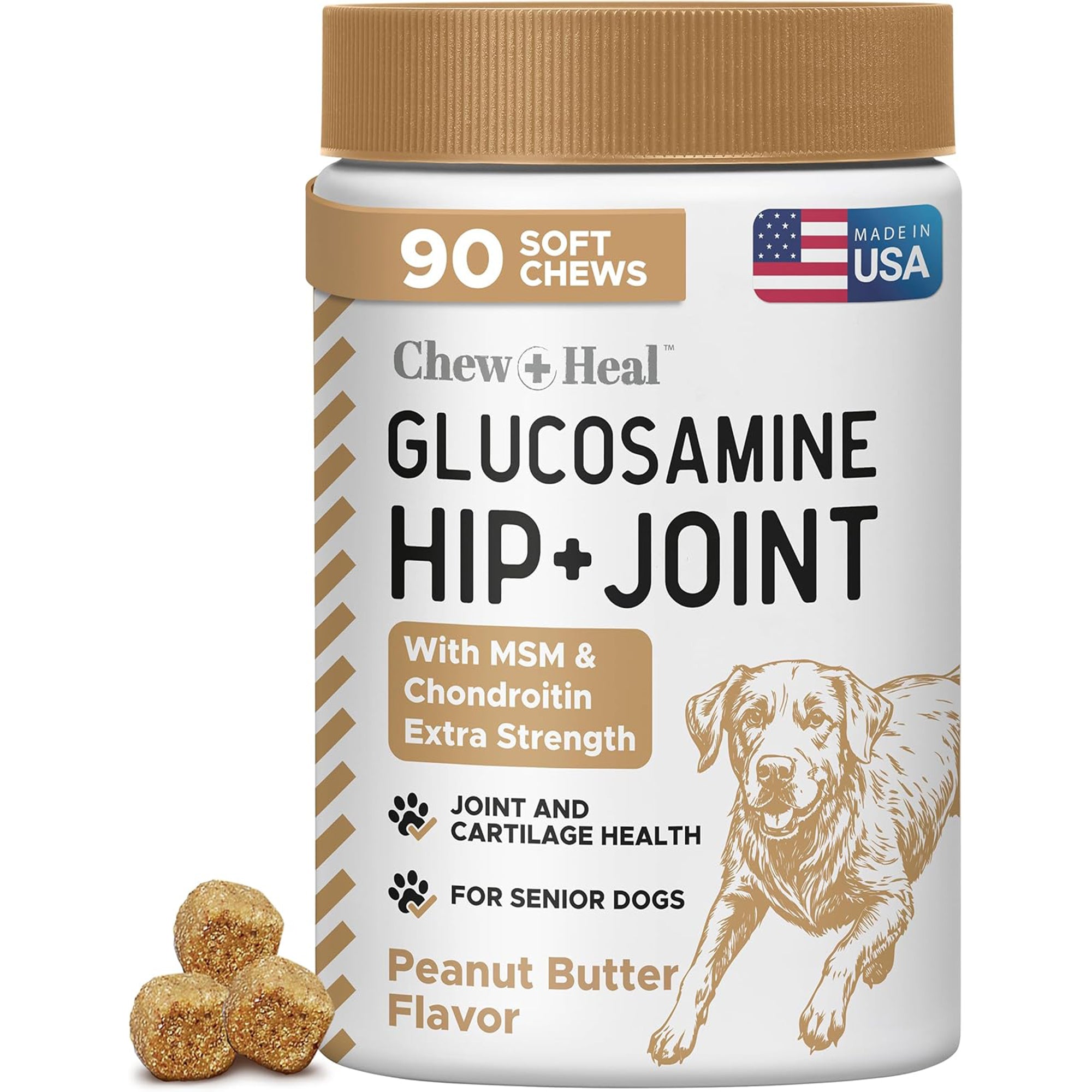 Chew + Heal Glucosamine Hip + Joint Peanut Butter Flavored Soft Chew Joint Supplement for Dogs, 90 count